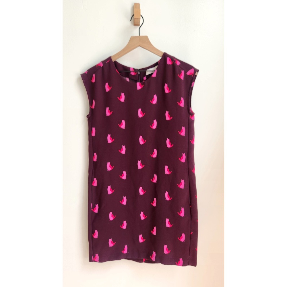 LOFT Shift Dress Women XS Burgundy Cat Print Sheath Mini Cap Sleeve Pockets